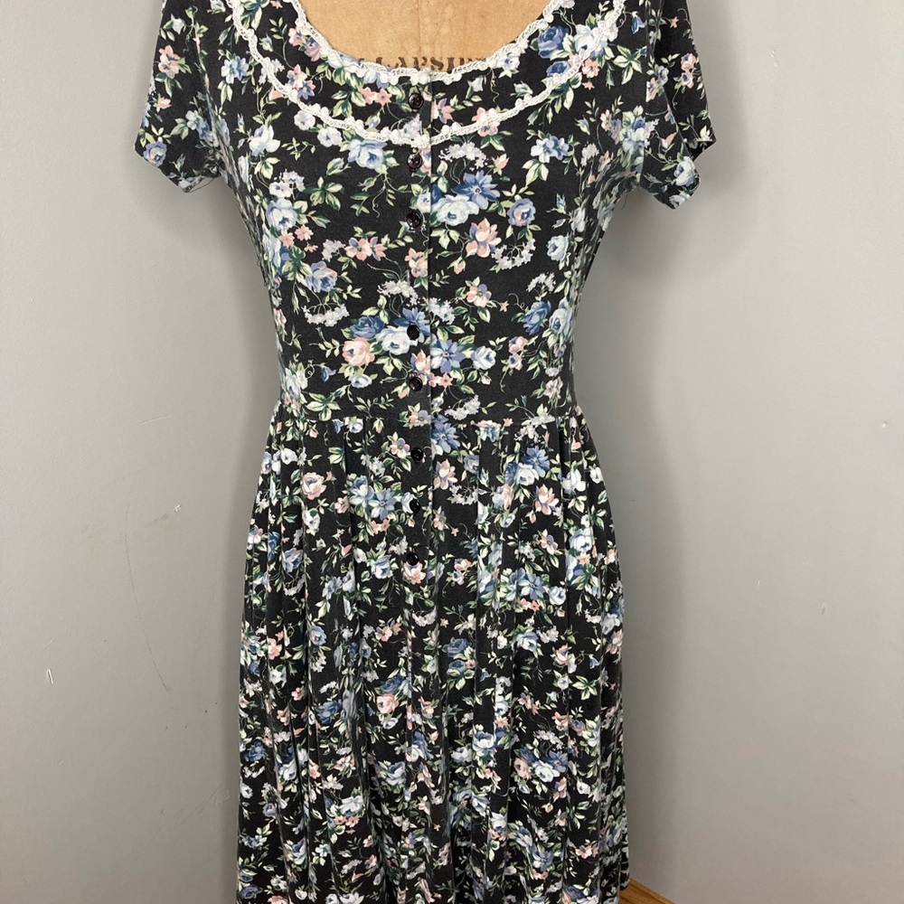 Vintage 80s Black With Flowers Soft and Easy Dress